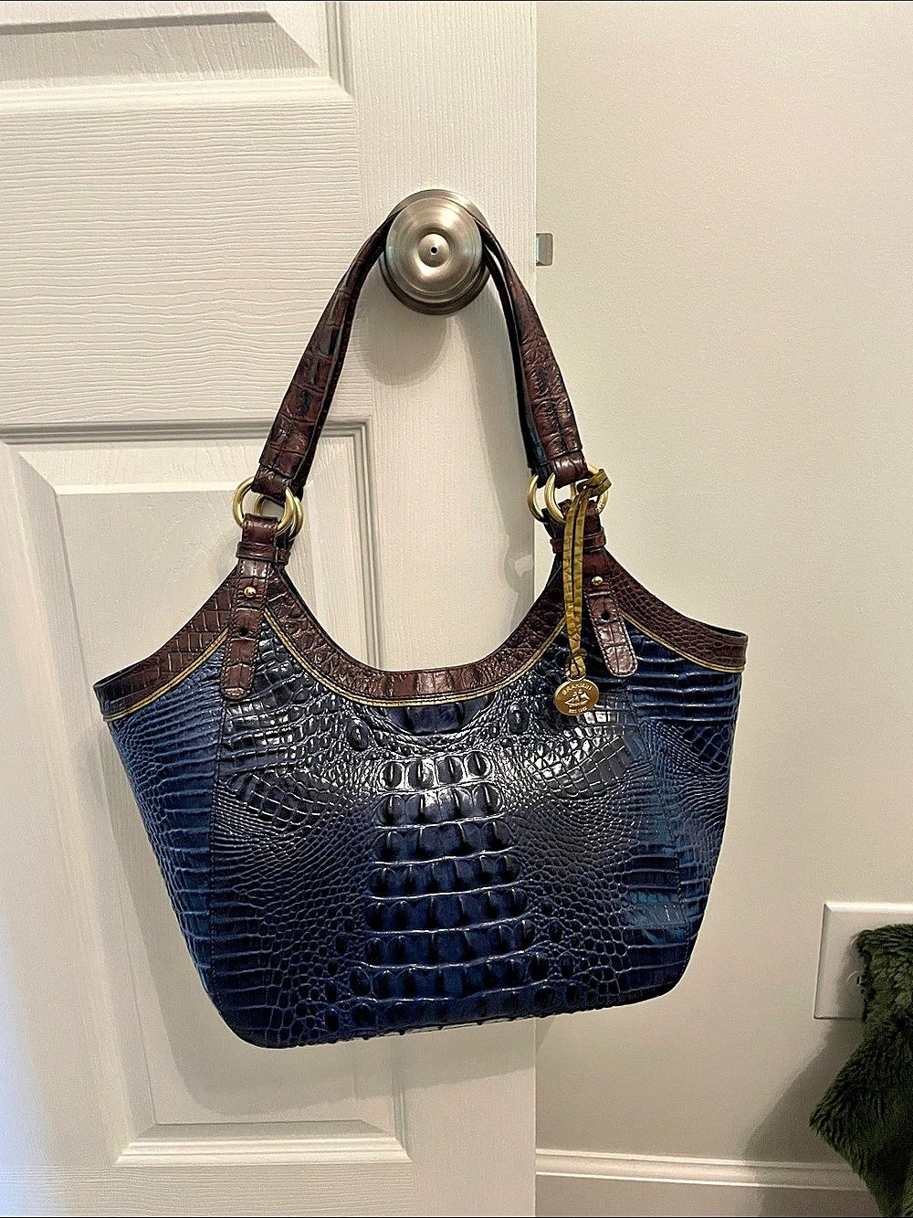 Brahmin Crocodile-Embossed Hobo in Blue & Brown